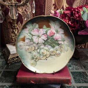 "Alice" Antique Decorative Porcelain Plate, Pink Flowers & Grapes, JHR Bavaria